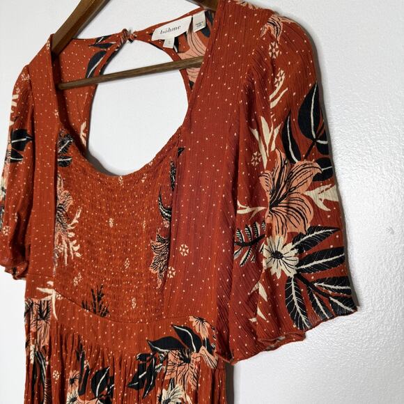 Bohme Dress Womens Small Rust Orange Floral Midi Short Sleeve Boho 100% Rayon - Picture 2 of 9
